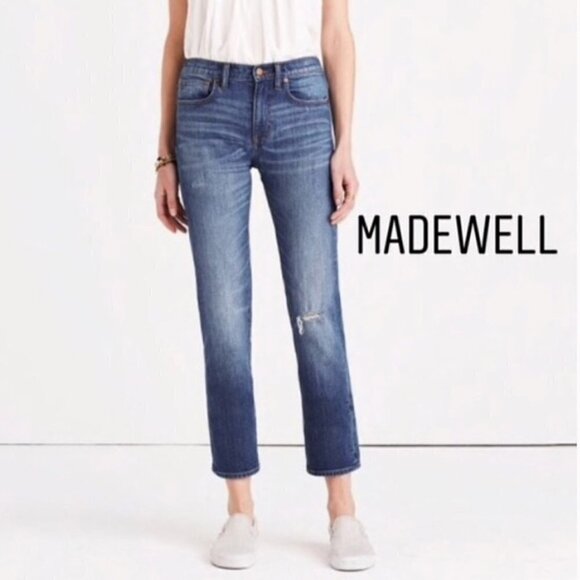 Madewell Straight Crop Distressed Jeans Roger Wash F2816 Size 24 - Picture 1 of 9